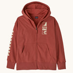 Patagonia kids full zip hoody sweatshirt in mother ray/potters red. A 100% regenerative cotton hoody in pale red with a cream graphic on the chest. Features a full length zip and pouch side pockets.