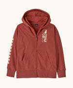 Patagonia kids full zip hoody sweatshirt in mother ray/potters red. A 100% regenerative cotton hoody in pale red with a cream graphic on the chest. Features a full length zip and pouch side pockets.