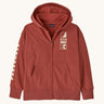 Patagonia kids full zip hoody sweatshirt in mother ray/potters red. A 100% regenerative cotton hoody in pale red with a cream graphic on the chest. Features a full length zip and pouch side pockets.