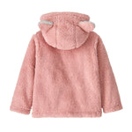 The back of the Patagonia Baby Furry Friends Hoody in mallow pink available at Babipur, showing the hood and the fluffy ears on top of the hood