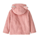 The back of the Patagonia Baby Furry Friends Hoody in mallow pink available at Babipur, showing the hood and the fluffy ears on top of the hood
