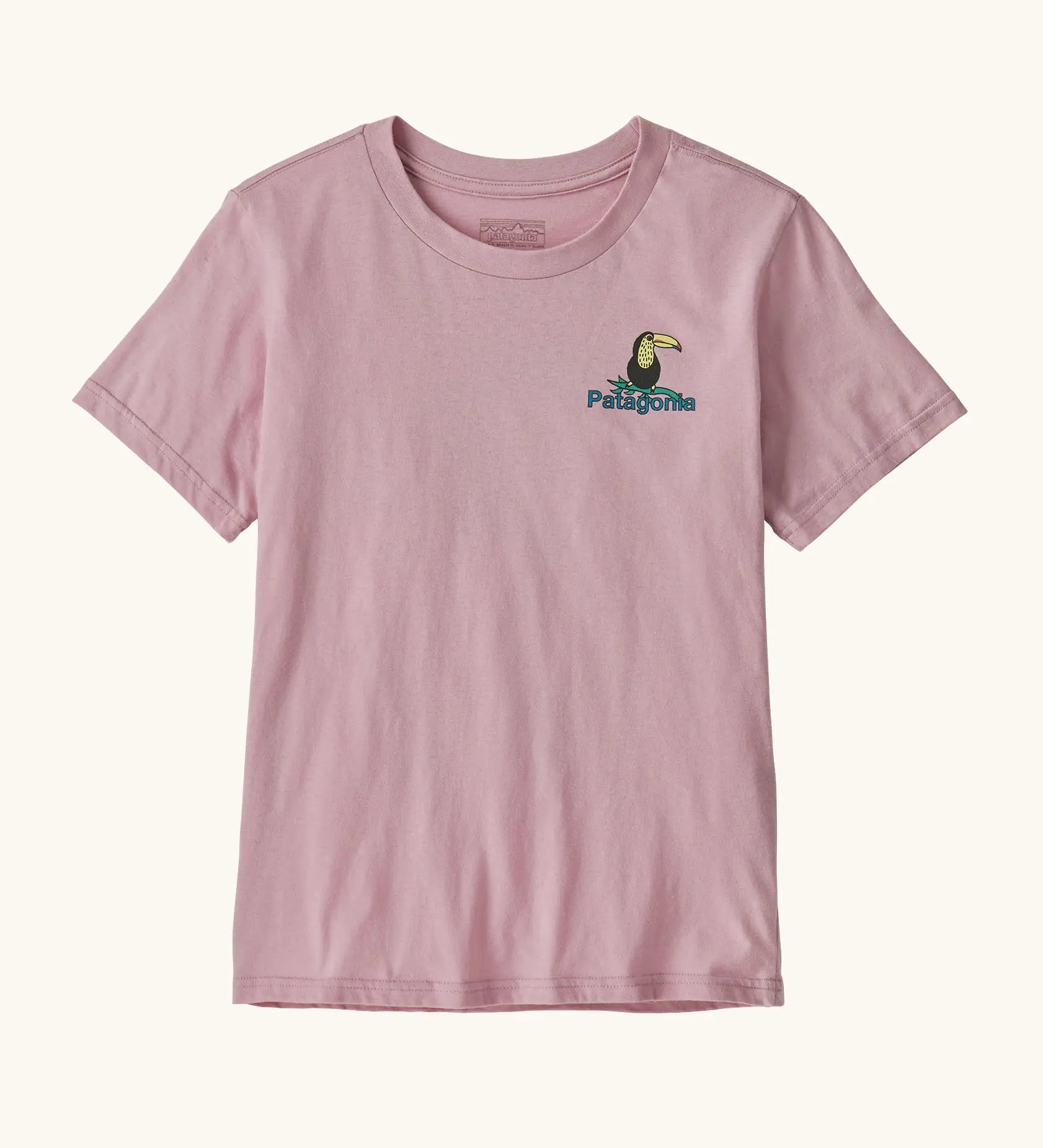 Patagonia organic cotton kids short sleeve t-shirt in pale purple with brand name and toucan graphic on the chest