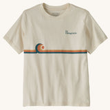 Patagona kids organic cotton short sleeve t-shirt in cream with wave stripe graphic on upper body and brand text on chest