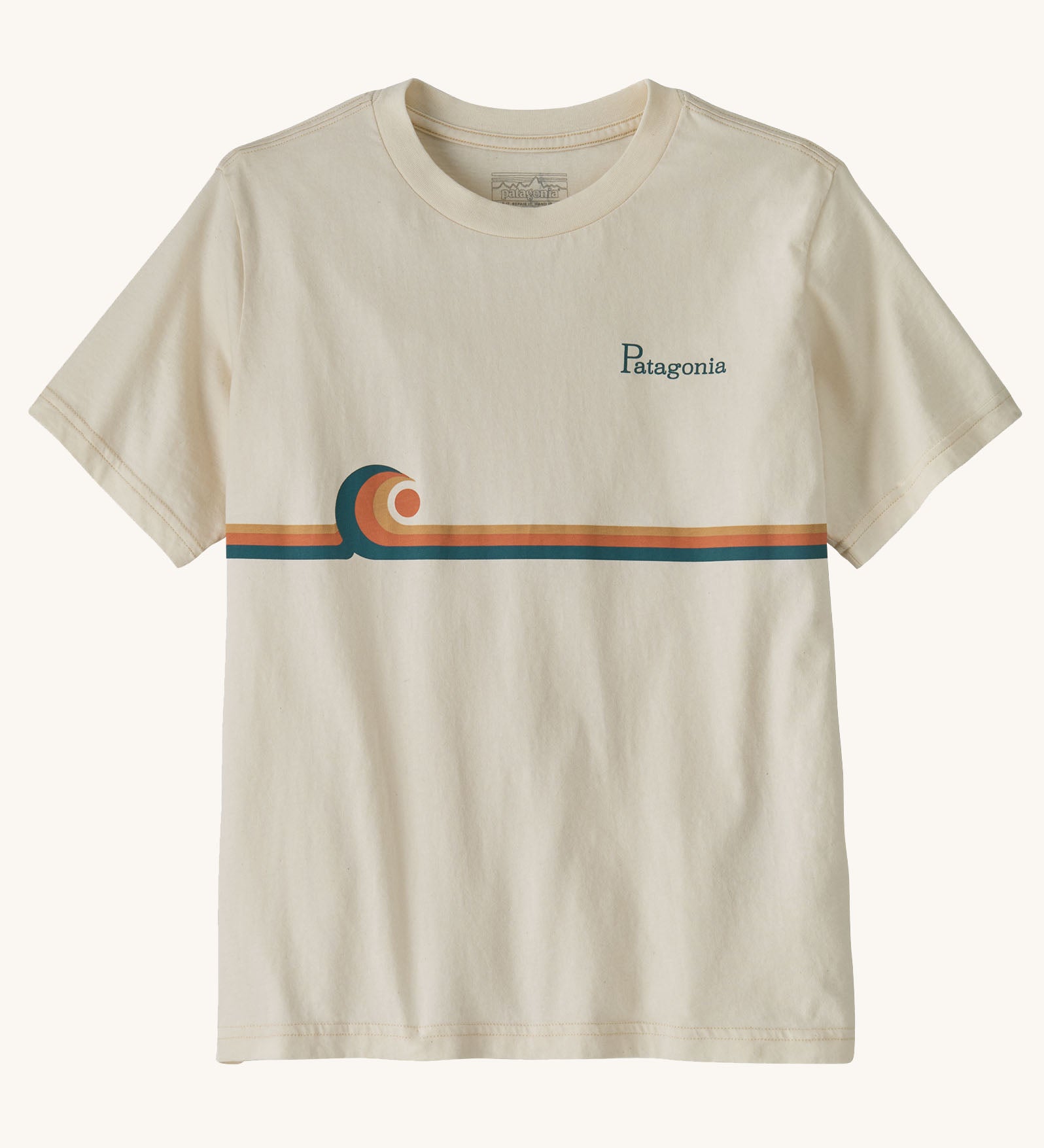 Patagona kids organic cotton short sleeve t-shirt in cream with wave stripe graphic on upper body and brand text on chest