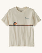 Patagona kids organic cotton short sleeve t-shirt in cream with wave stripe graphic on upper body and brand text on chest