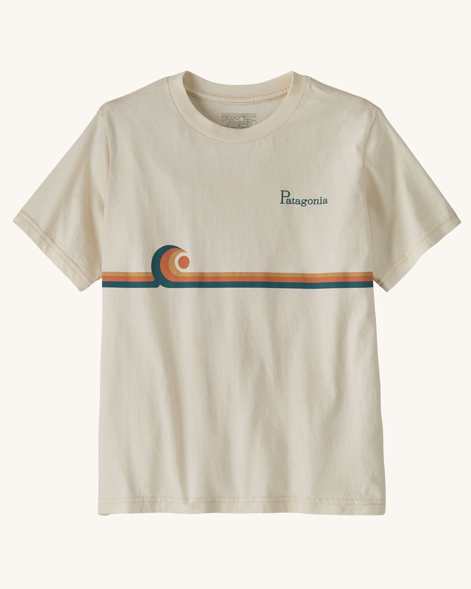 Patagona kids organic cotton short sleeve t-shirt in cream with wave stripe graphic on upper body and brand text on chest
