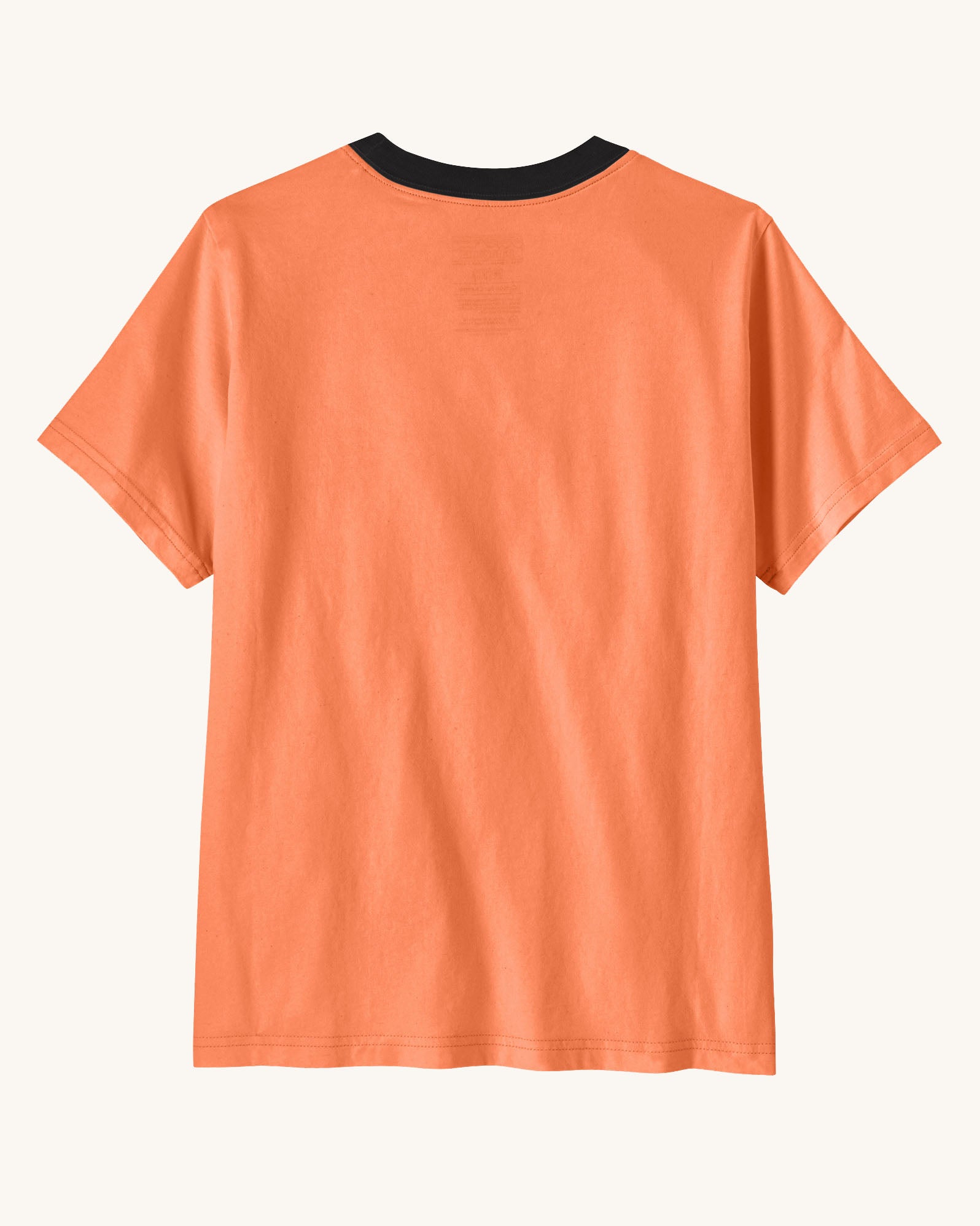 Back of Patagonia kids organic cotton short sleeve tidal threads t-shirt in peach orange with black collar trim. 