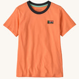 Patagonia kids short sleeve tidal threads t-shirt in peach orange with black collar trim and small chest brand patch