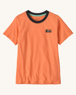 Patagonia kids short sleeve tidal threads t-shirt in peach orange with black collar trim and small chest brand patch