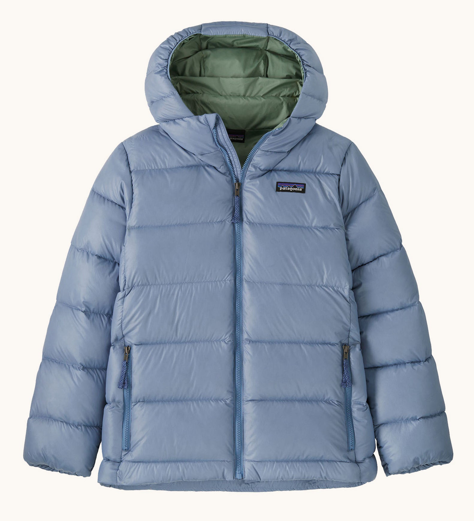 Patagonia kids hi loft down sweater hoody jacket in barnacle blue available at Babipur. A thick light blue hooded jacket with a full length zip and 2 side pockets.