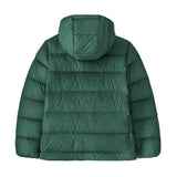 The back of the Patagonia kids hi loft down sweater hoody jacket in cascade green available at Babipur.