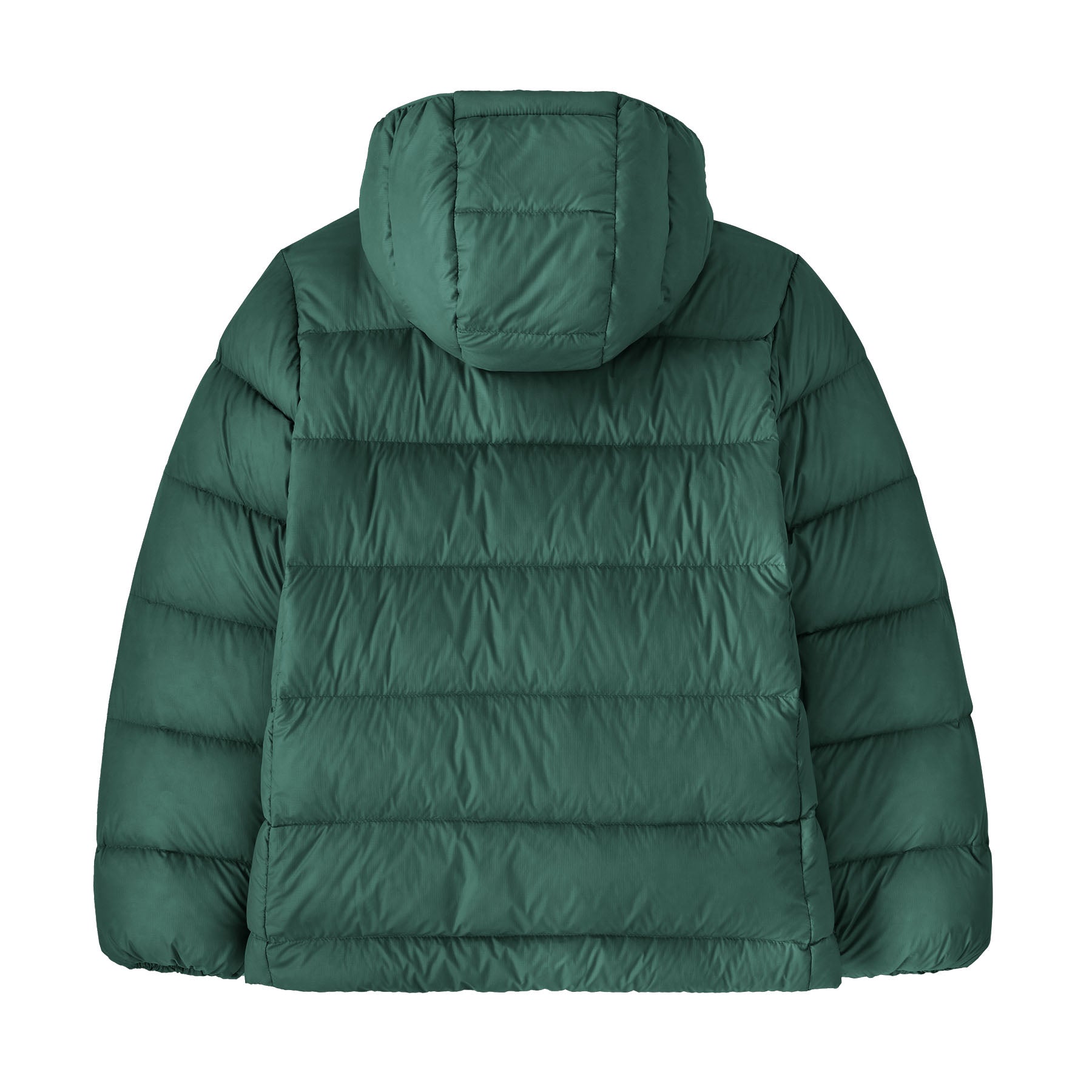 The back of the Patagonia kids hi loft down sweater hoody jacket in cascade green available at Babipur.