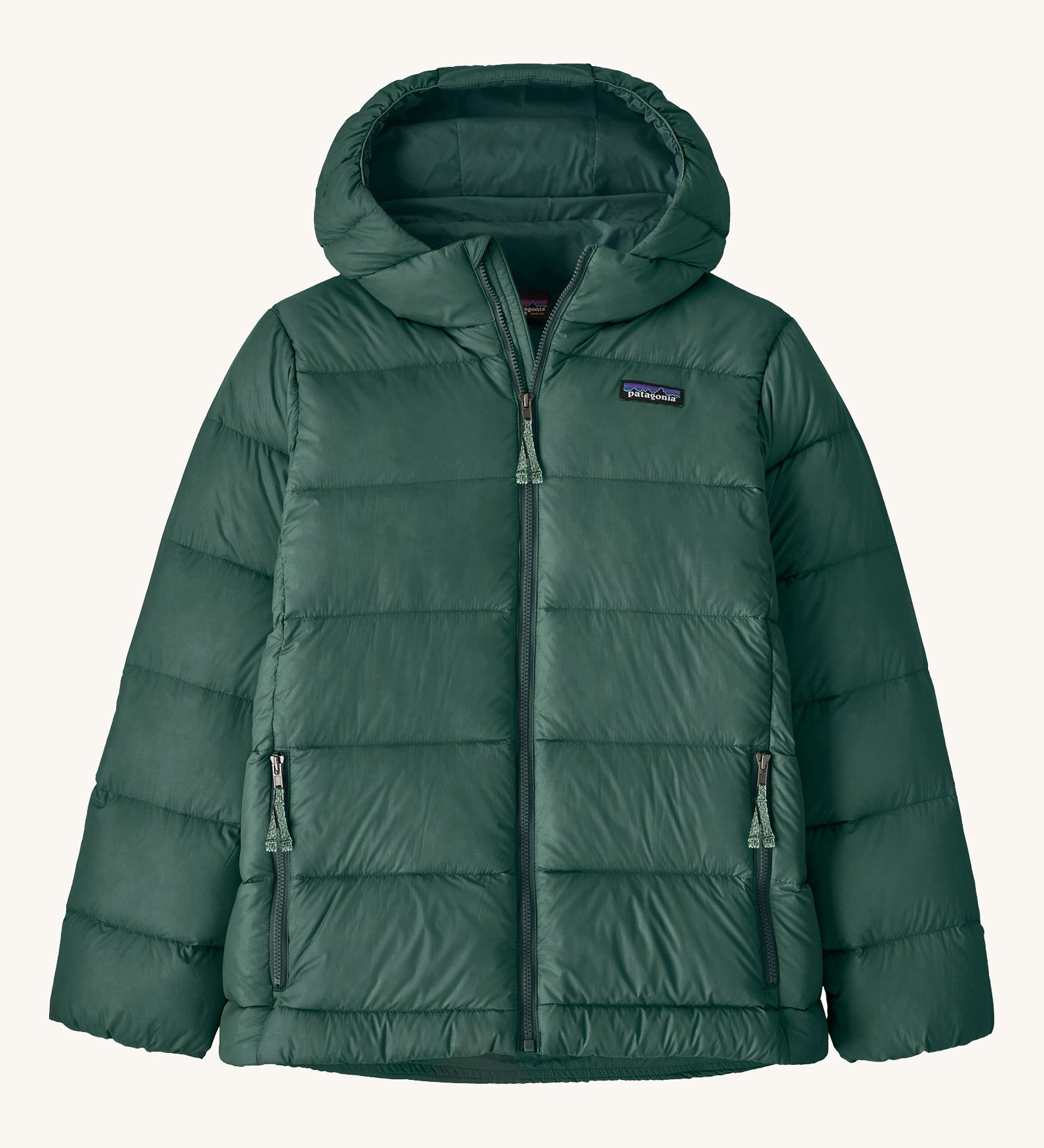 Patagonia kids hi loft down sweater hoody jacket in cascade green available at Babipur. A thick green hooded jacket with a full length zip and 2 side pockets.
