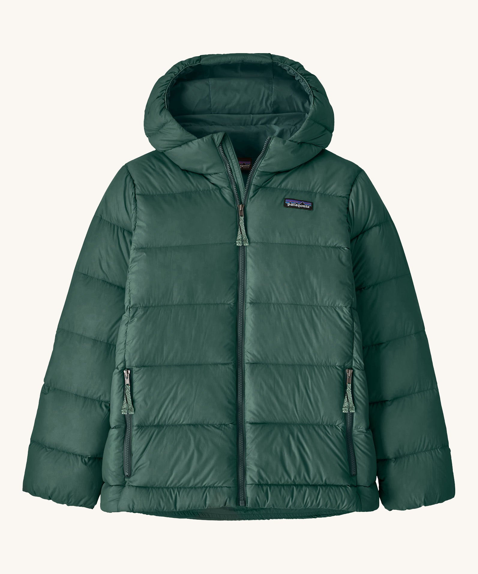 Patagonia kids hi loft down sweater hoody jacket in cascade green available at Babipur. A thick green hooded jacket with a full length zip and 2 side pockets.