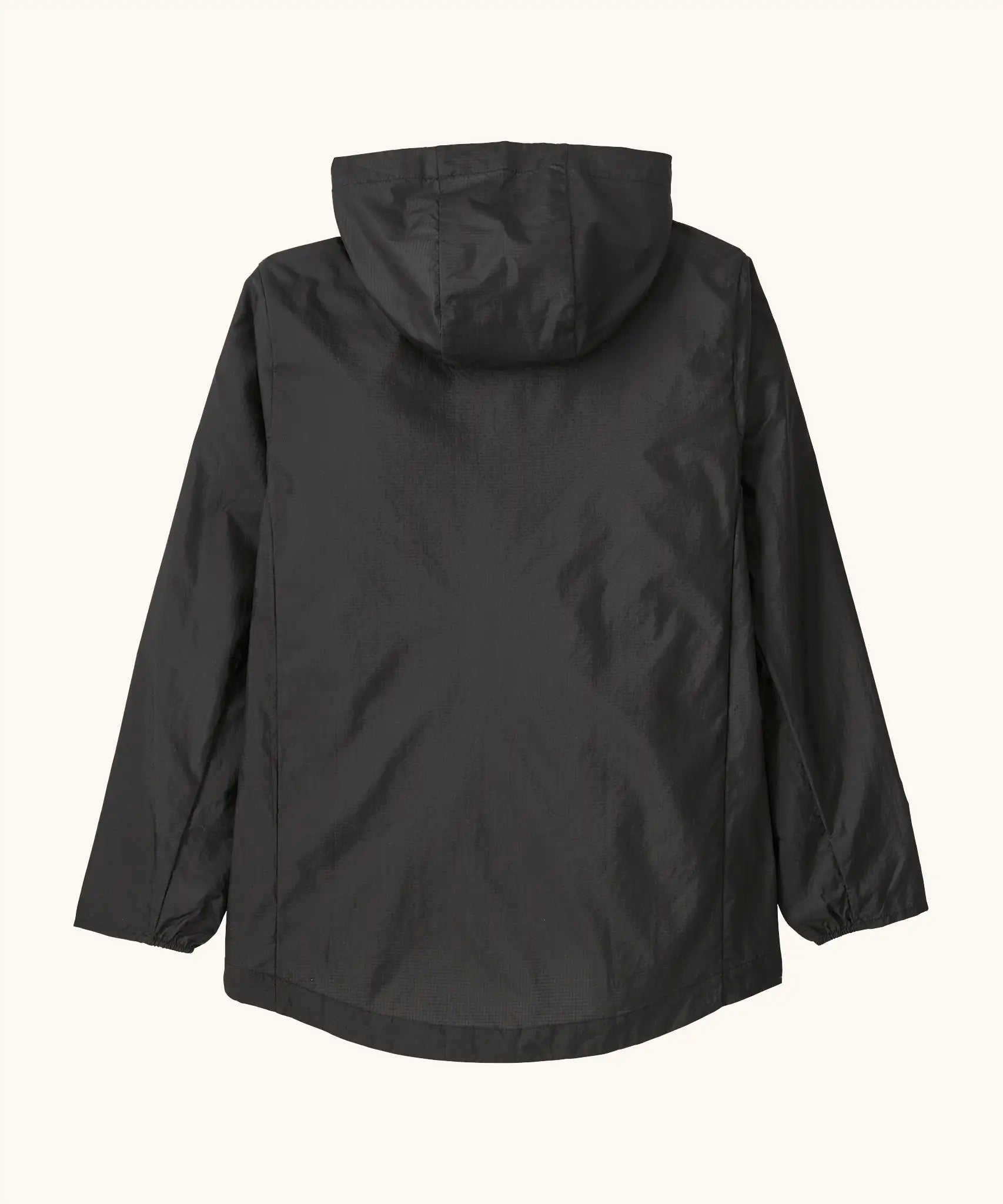 Back of Patagonia's 100% recycled nylon kids houdini jacket in black 