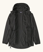 Patagonia's 100% recycled nylon kids houdini jacket in black with the full length front zip opened.