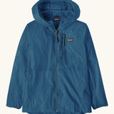 Patagonia's 100% recycled nylon kids houdini jacket in blue with full length front zip, side and zipped chest pocket