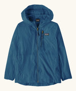 Patagonia's 100% recycled nylon kids houdini jacket in blue with full length front zip, side and zipped chest pocket