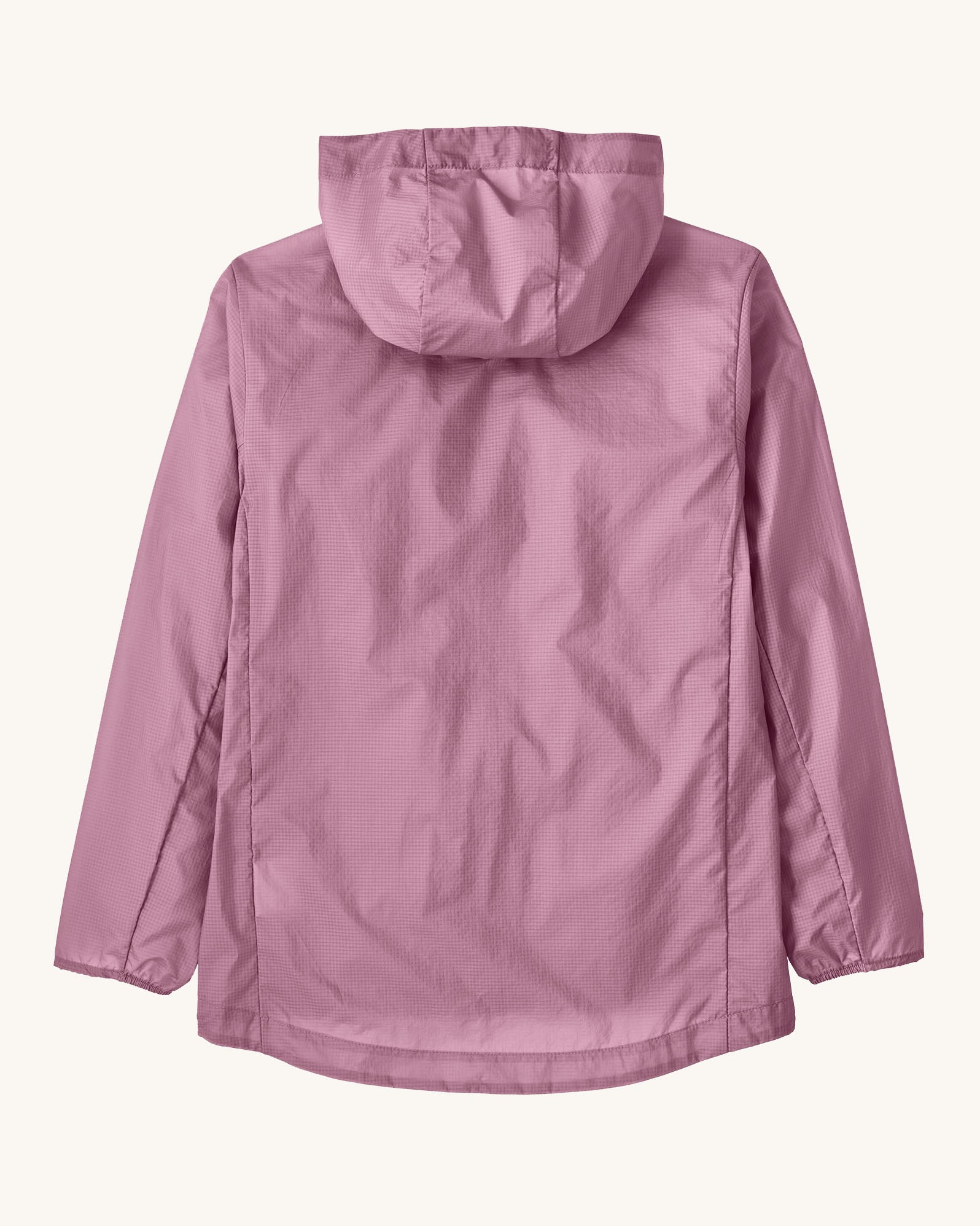 Back of Patagonia's 100% recycled nylon weather resistant kids houdini jacket in pale purple 