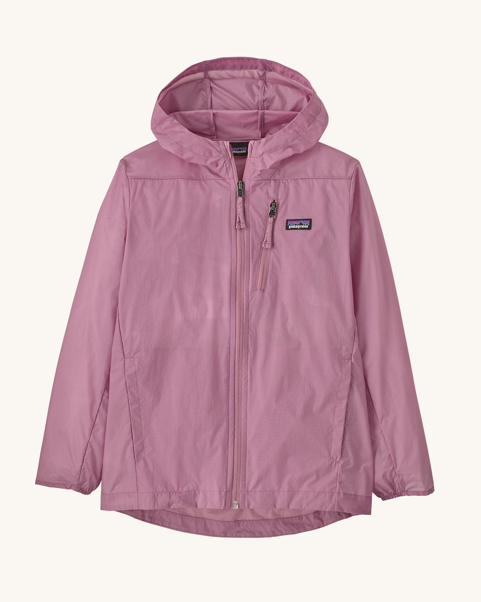 Patagonia's 100% recycled nylon kids houdini jacket in pale purple with full length front zip, side and zipped chest pocket