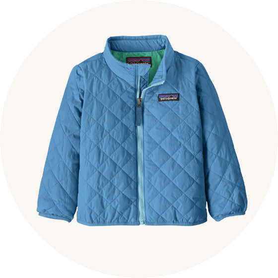 Patagonia  Baby Nano Puff quilted zip jacket in Shore Blue to represent Patagonia kids coats at Babipur.