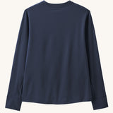 Back of Patagonia kids long sleeve capilene boardshort tshirt in navy