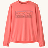 Patagonia kids long sleeve capilene tshirt in pink with outline brand patch on upper body and thumb holes