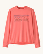 Patagonia kids long sleeve capilene tshirt in pink with outline brand patch on upper body and thumb holes