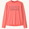 Patagonia kids long sleeve capilene tshirt in pink with outline brand patch on upper body and thumb holes