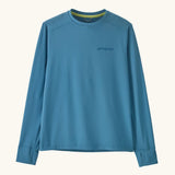Patagonia kids long sleeve capilene tshirt in bright blue with brand patch on chest