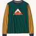 Patagonia kids long sleeve graphic top in driftways/cascade green available at Babipur.. A 100% regenerative cotton top with long sleeves in green and dark yellow with navy trim. Features a mountain logo design on the front.