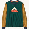 Patagonia kids long sleeve graphic top in driftways/cascade green available at Babipur.. A 100% regenerative cotton top with long sleeves in green and dark yellow with navy trim. Features a mountain logo design on the front.