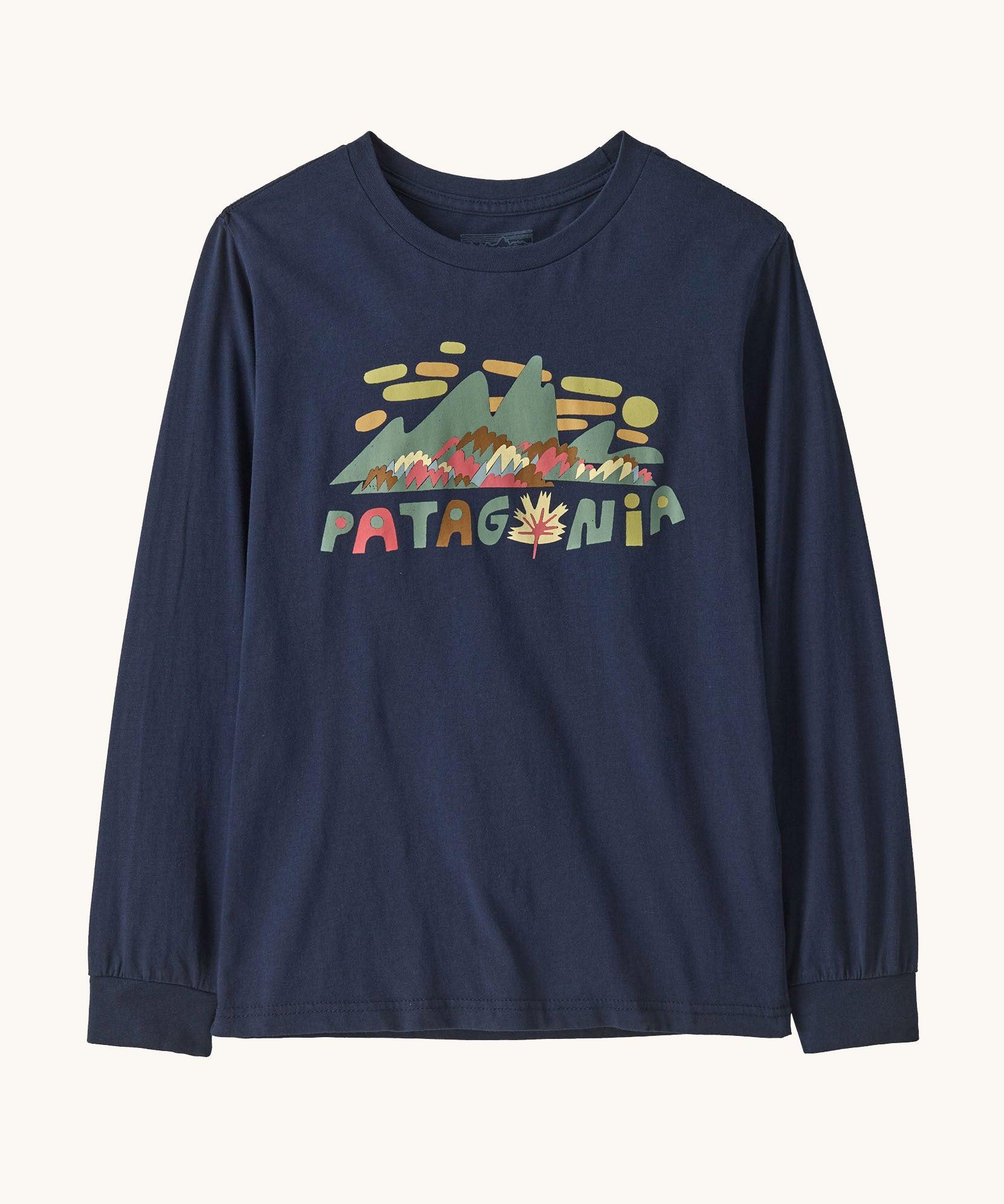 Patagonia kids long sleeve graphic top in fitz roy foliage/navy available at Babipur.. A 100% regenerative cotton top with long sleeves in navy. Features a funky mountain branding design on the front.