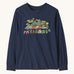 Patagonia kids long sleeve graphic top in fitz roy foliage/navy available at Babipur.. A 100% regenerative cotton top with long sleeves in navy. Features a funky mountain branding design on the front.
