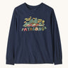 Patagonia kids long sleeve graphic top in fitz roy foliage/navy available at Babipur.. A 100% regenerative cotton top with long sleeves in navy. Features a funky mountain branding design on the front.