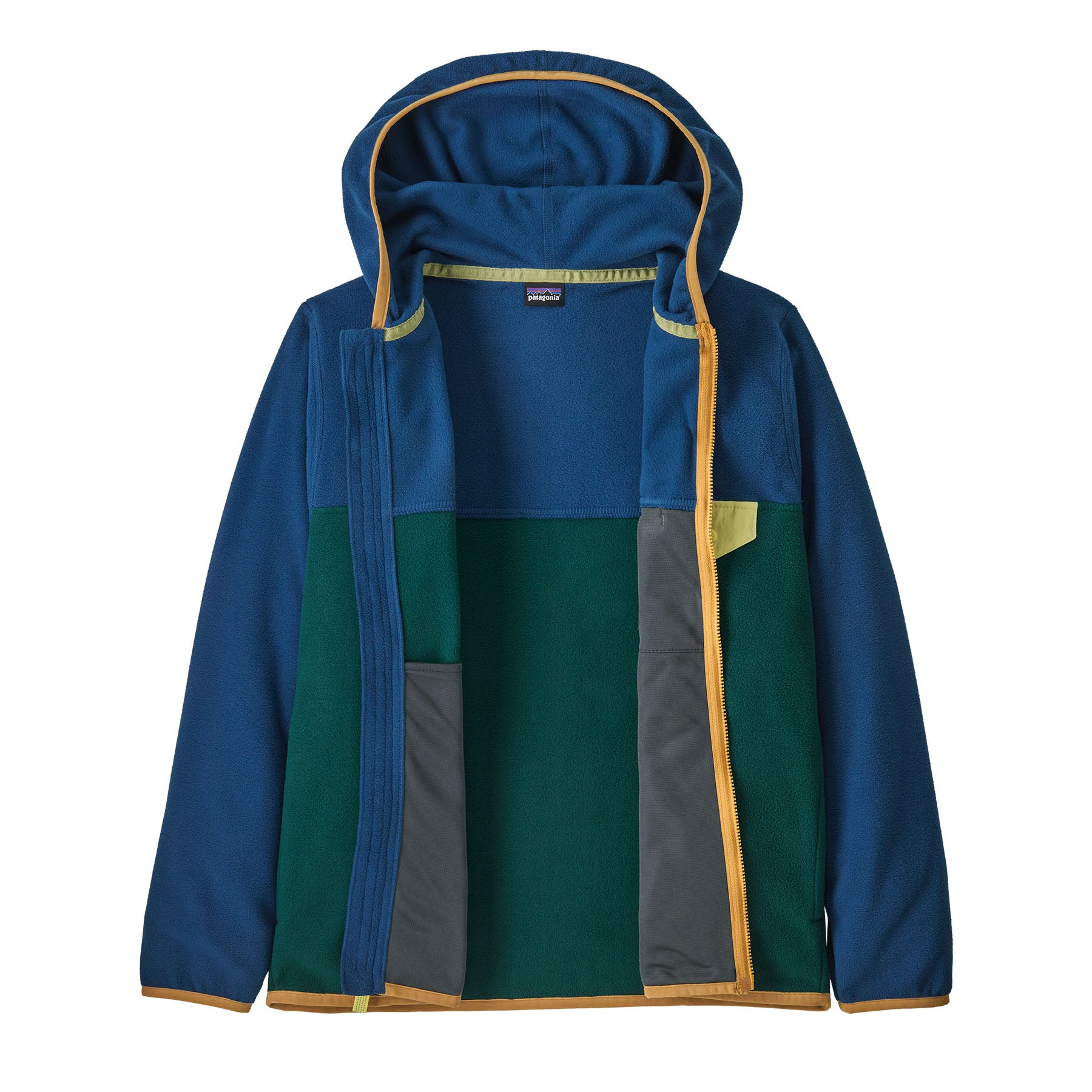 Patagonia kids micro d snap t fleece in cascade green available at Babipur showing the detailing on the inside