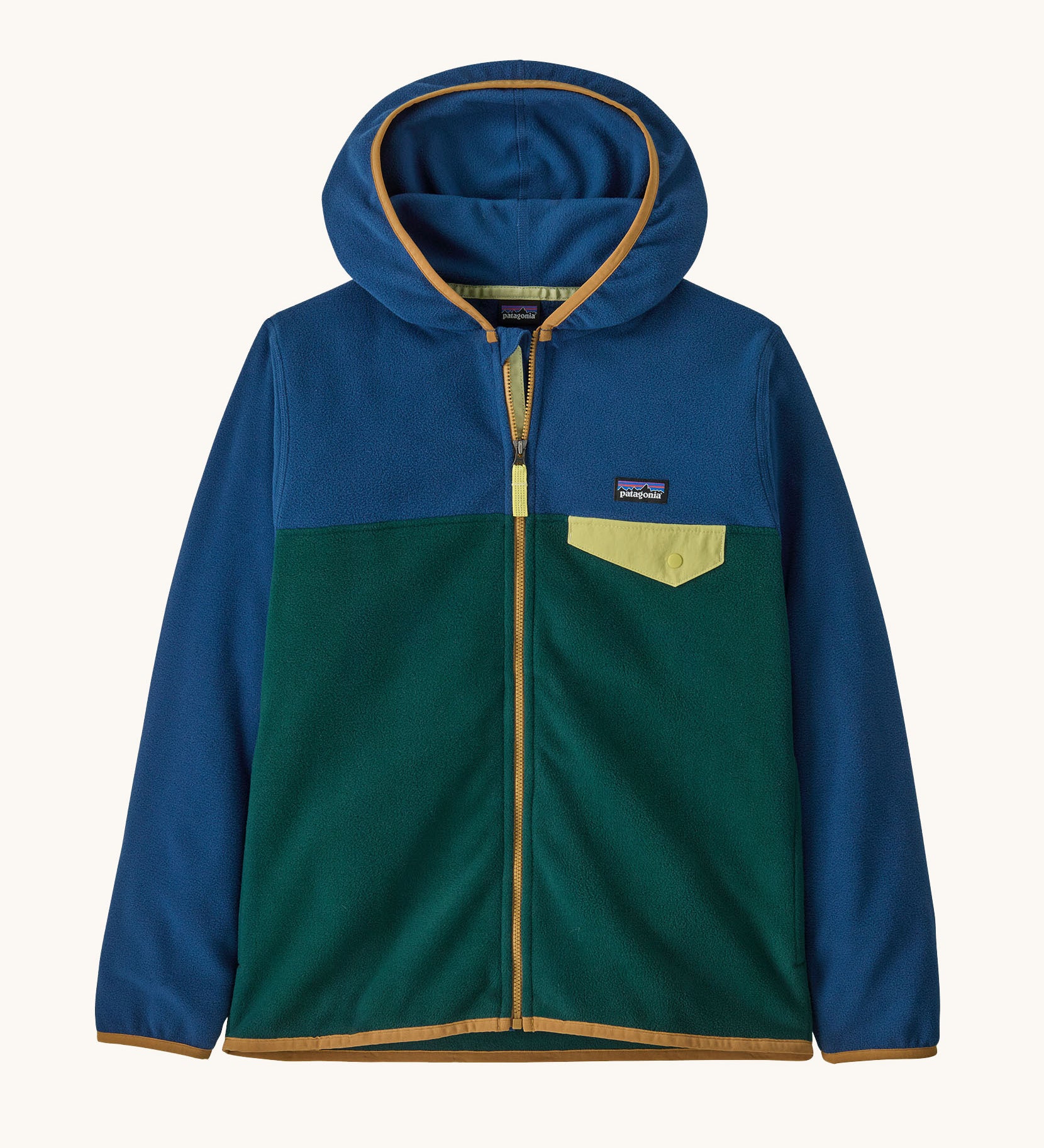 Patagonia kids micro d snap t fleece in cascade green available at Babipur.  100% recycled polyester soft hooded fleece in dark blue and green with yellow rim. Features a full length zip and a yellow chest pocket