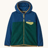 Patagonia kids micro d snap t fleece in cascade green available at Babipur.  100% recycled polyester soft hooded fleece in dark blue and green with yellow rim. Features a full length zip and a yellow chest pocket
