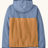 Back of Patagonia kid's microdini snap-t hooded jacket. A two tone blue block colour showing light blue sleeves, orange body