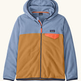 Patagonia kid's microdini snap-t hooded jacket. A two tone blue block colour showing light blue sleeves, orange body, full length zip and a chest pocket