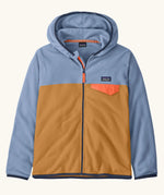 Patagonia kid's microdini snap-t hooded jacket. A two tone blue block colour showing light blue sleeves, orange body, full length zip and a chest pocket