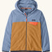 Patagonia kid's microdini snap-t hooded jacket. A two tone blue block colour showing light blue sleeves, orange body, full length zip and a chest pocket