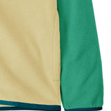 Close up of Patagonia kid's microdini snap-t hooded jacket in yellow and green showing side pockets and blue hem and cuff trim