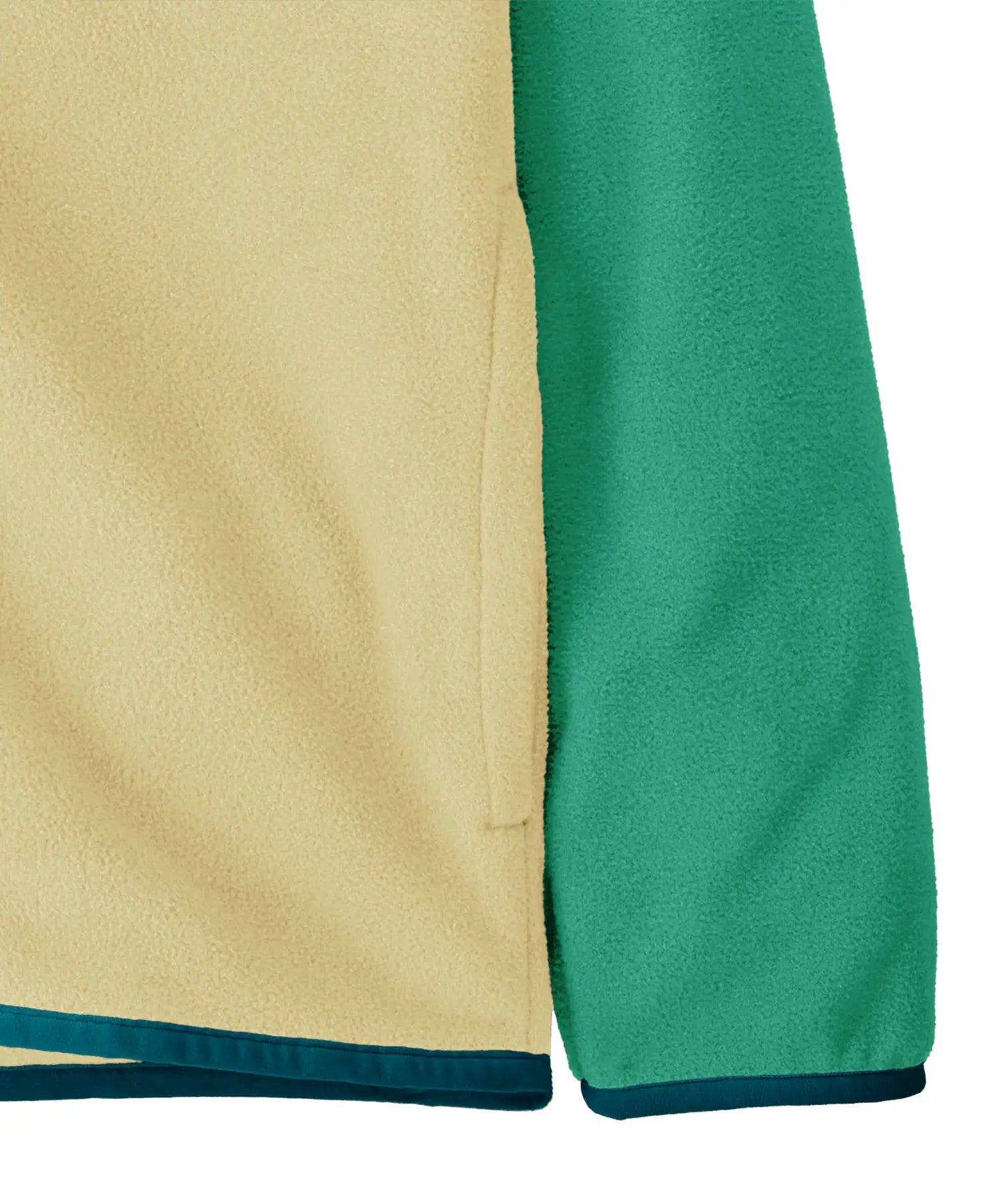 Close up of Patagonia kid's microdini snap-t hooded jacket in yellow and green showing side pockets and blue hem and cuff trim