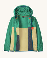 Opened Patagonia kid's microdini snap-t hooded jacket in yellow with green upper body