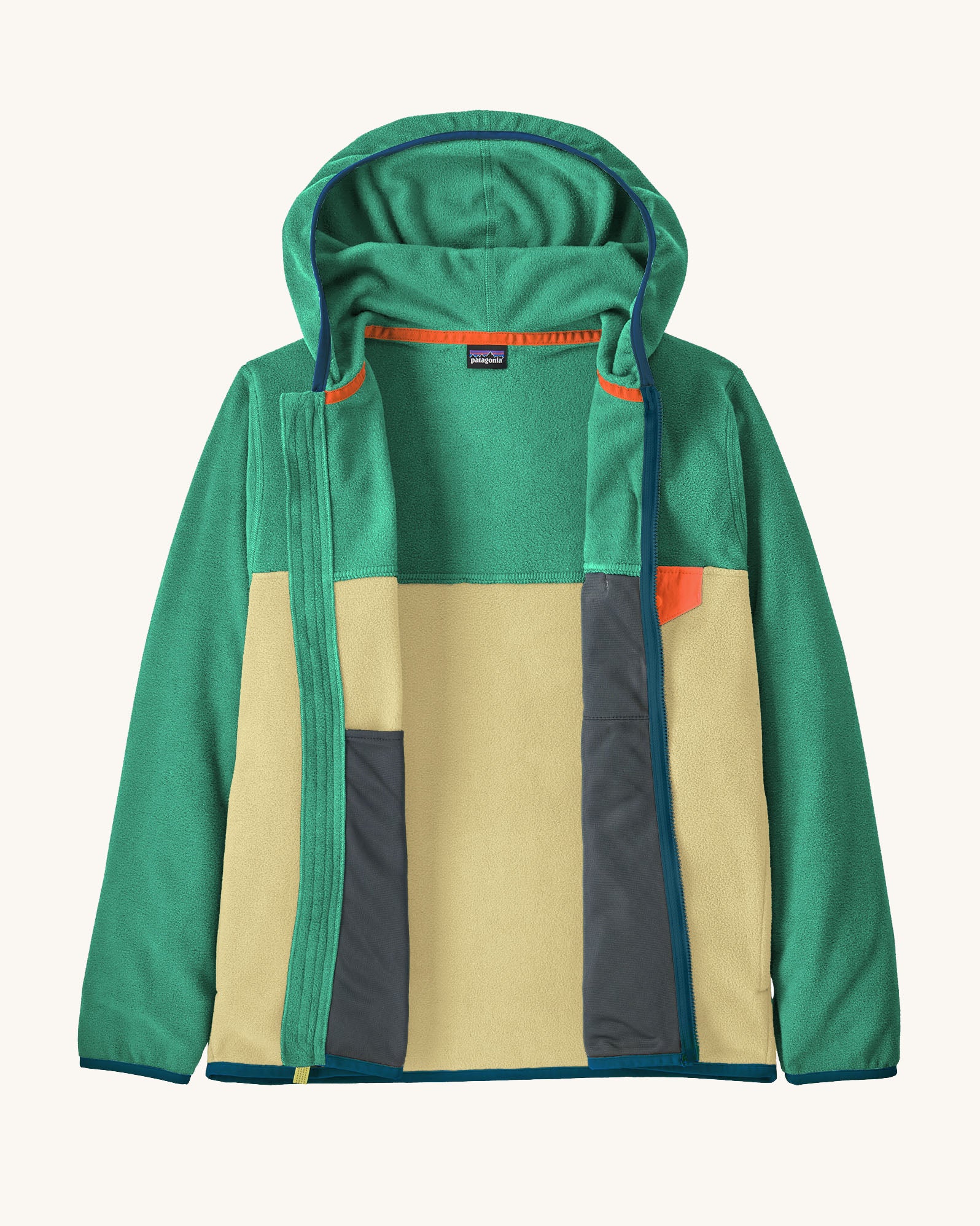 Opened Patagonia kid's microdini snap-t hooded jacket in yellow with green upper body