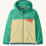 Patagonia kid's microdini snap-t hooded jacket in yellow with green upper body. Shows full front zip and orange chest pocket