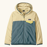 Patagonia Kids' Micro D Snap-T Hooded Fleece Jacket in Blue Sage. slate blue body, lemon yellow shoulders, sleeves and hood, grey binding and a contrasting chest pocket.