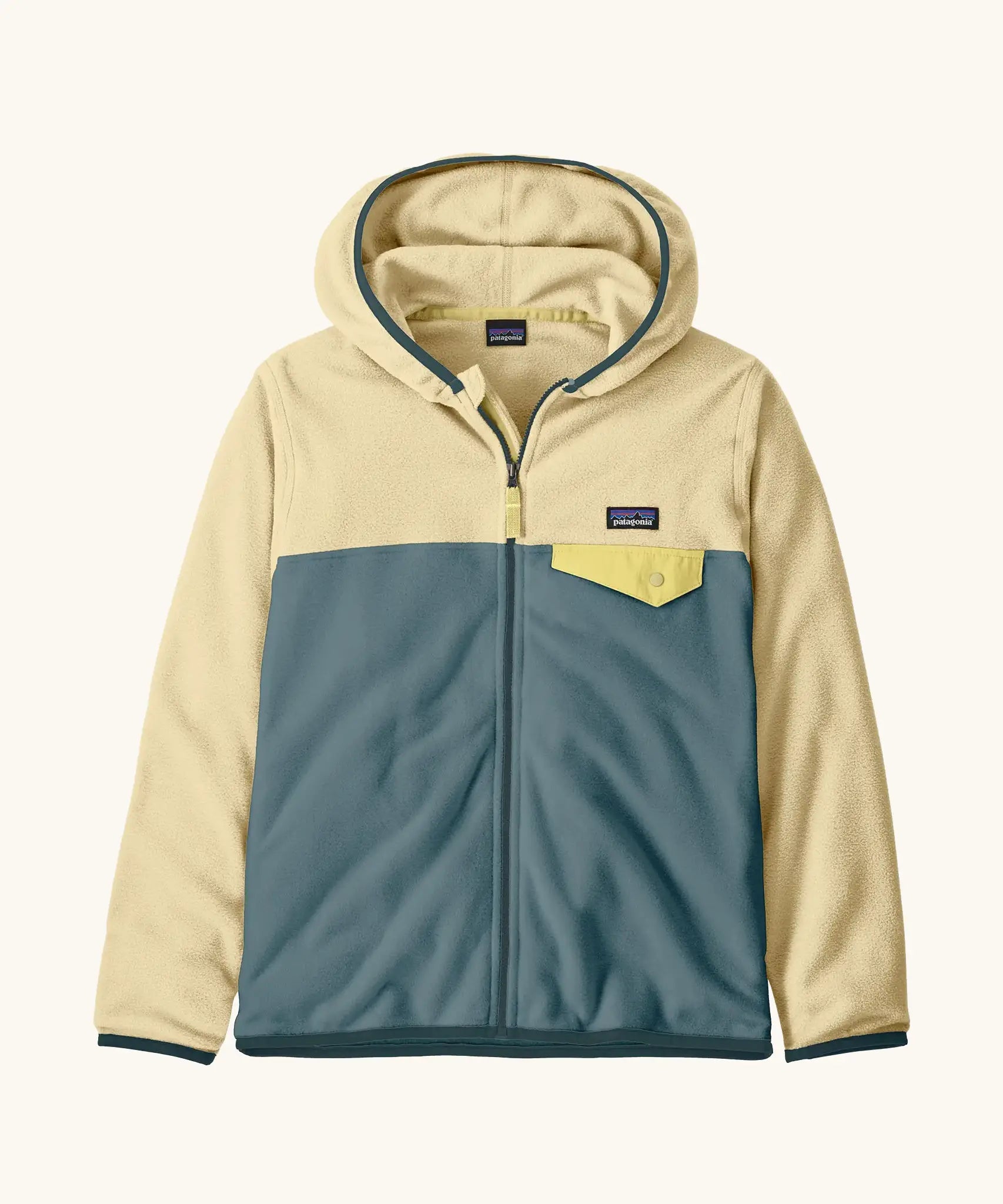 Patagonia Kids' Micro D Snap-T Hooded Fleece Jacket in Blue Sage. slate blue body, lemon yellow shoulders, sleeves and hood, grey binding and a contrasting chest pocket.