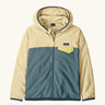 Patagonia Kids' Micro D Snap-T Hooded Fleece Jacket in Blue Sage. slate blue body, lemon yellow shoulders, sleeves and hood, grey binding and a contrasting chest pocket.